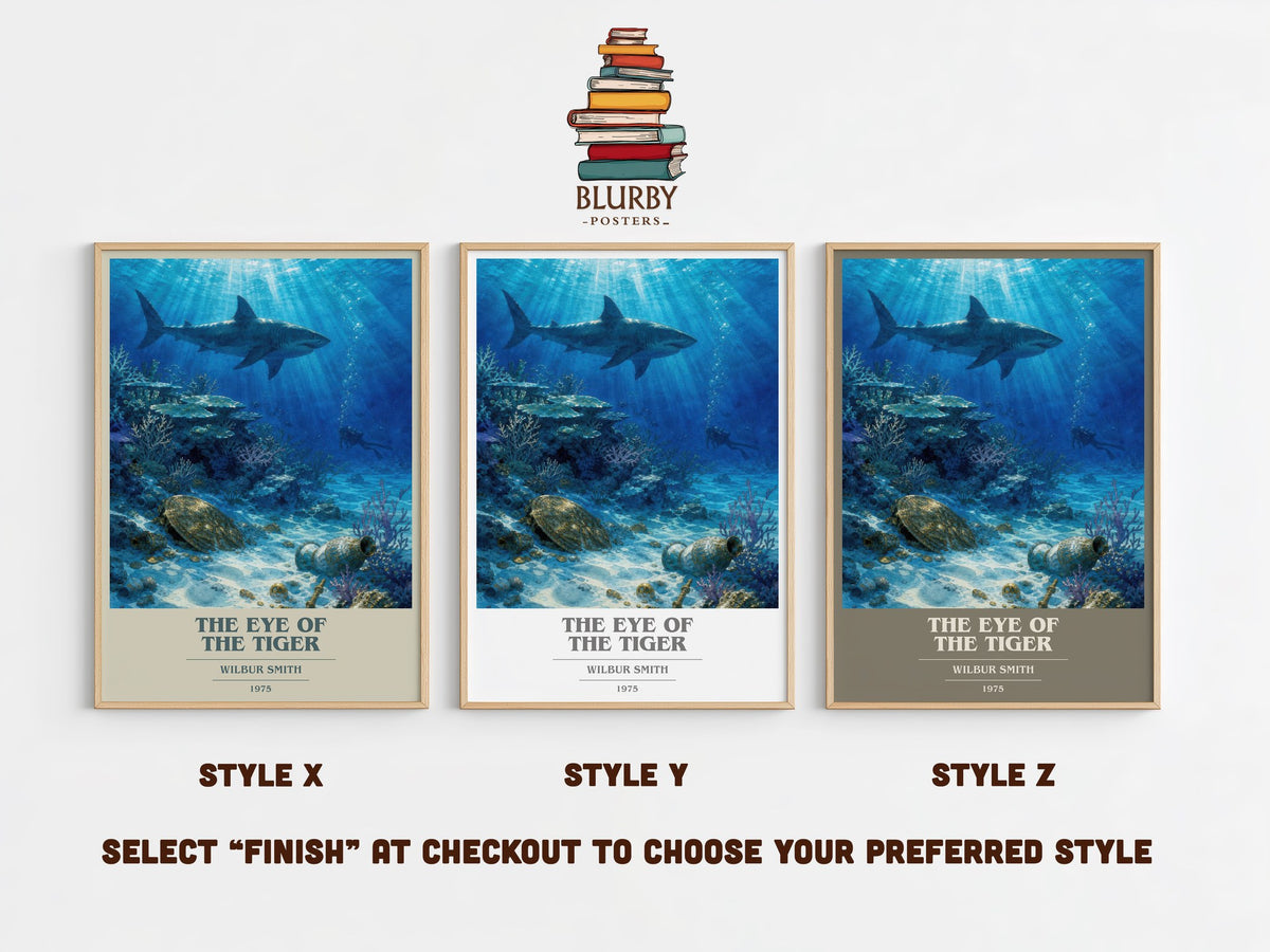 The Eye of the Tiger book cover print in frame leaning in hallway – adventure wall art (mockup)