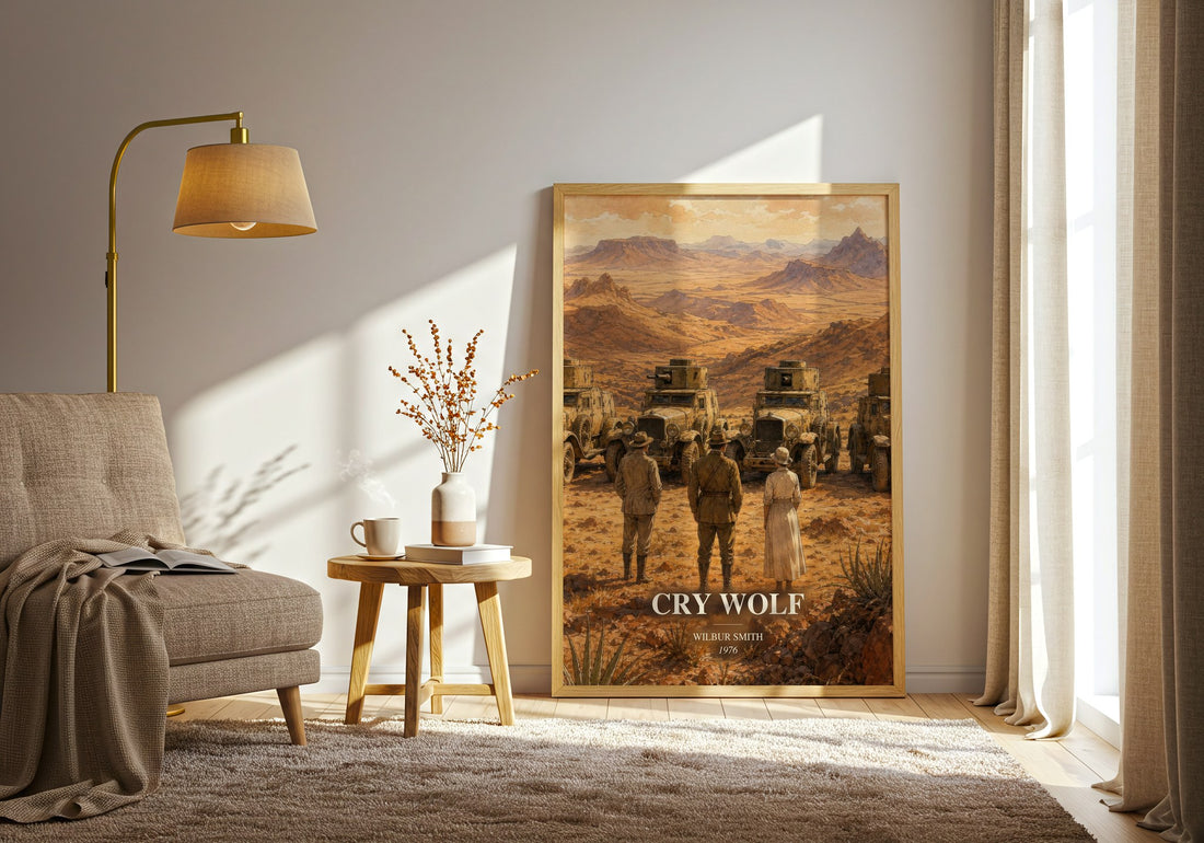 Cry Wolf watercolour print in frame leaning in hallway – adventure wall art (mockup)
