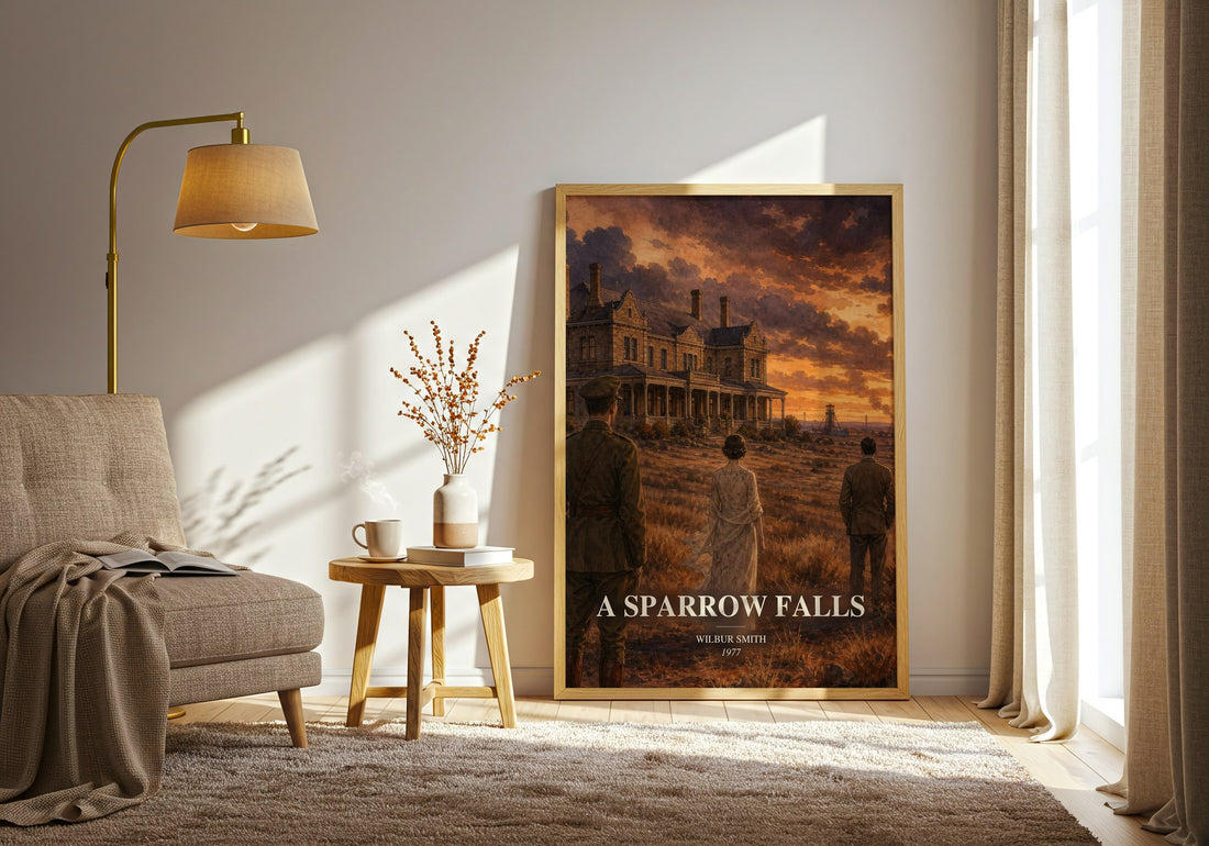 A Sparrow Falls watercolour print in frame leaning in hallway – adventure wall art (mockup)