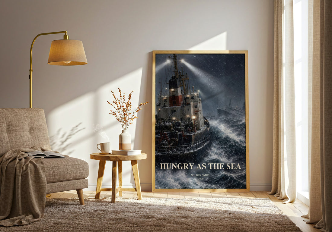 Hungry as the Sea watercolour print in frame leaning in hallway – adventure wall art (mockup)