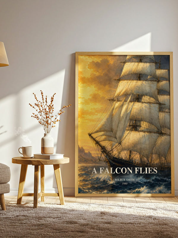 A Falcon Flies watercolour print in frame leaning in hallway – adventure wall art