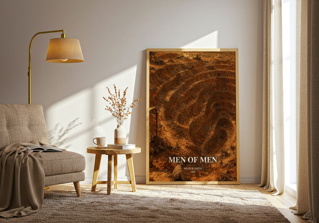 Men of Men watercolour print in frame leaning in hallway – historical fiction wall art (mockup)