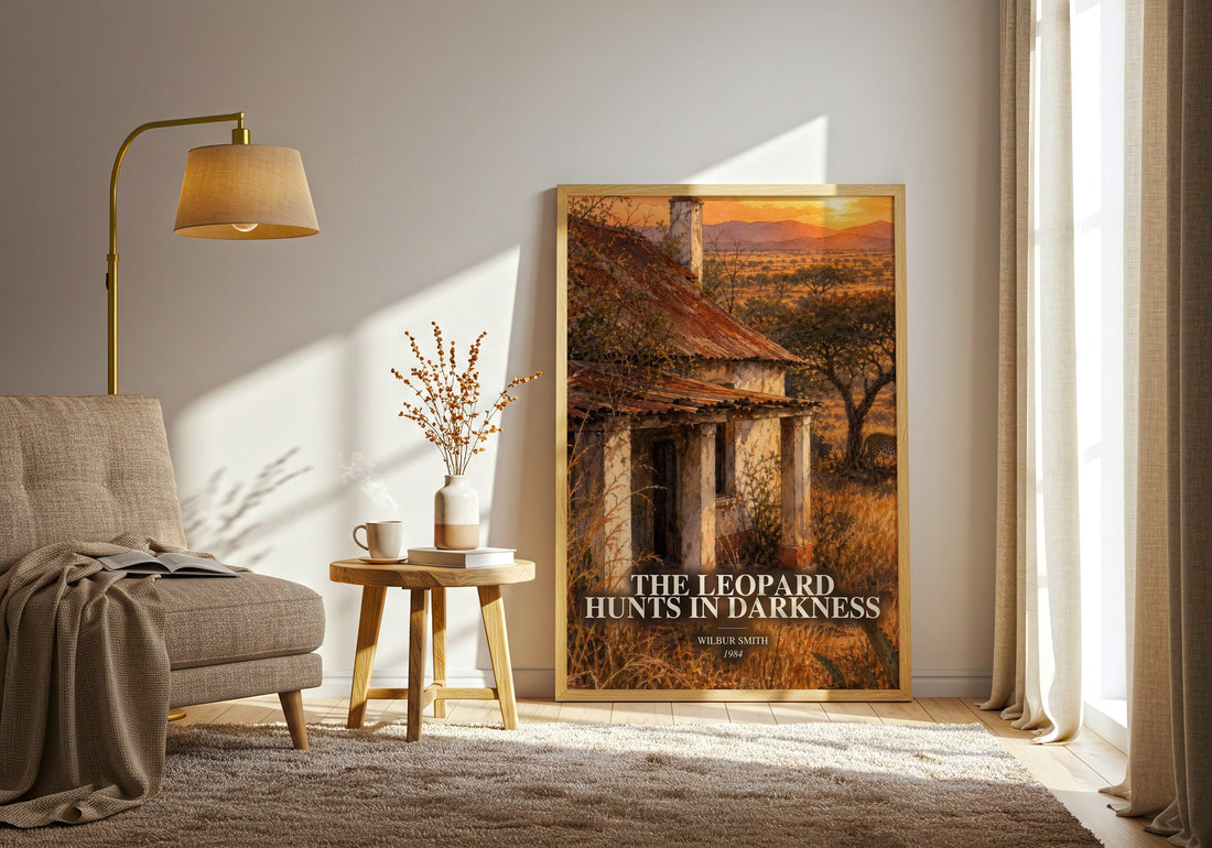 The Leopard Hunts in Darkness watercolour print in frame leaning in hallway – thriller wall art (mockup)
