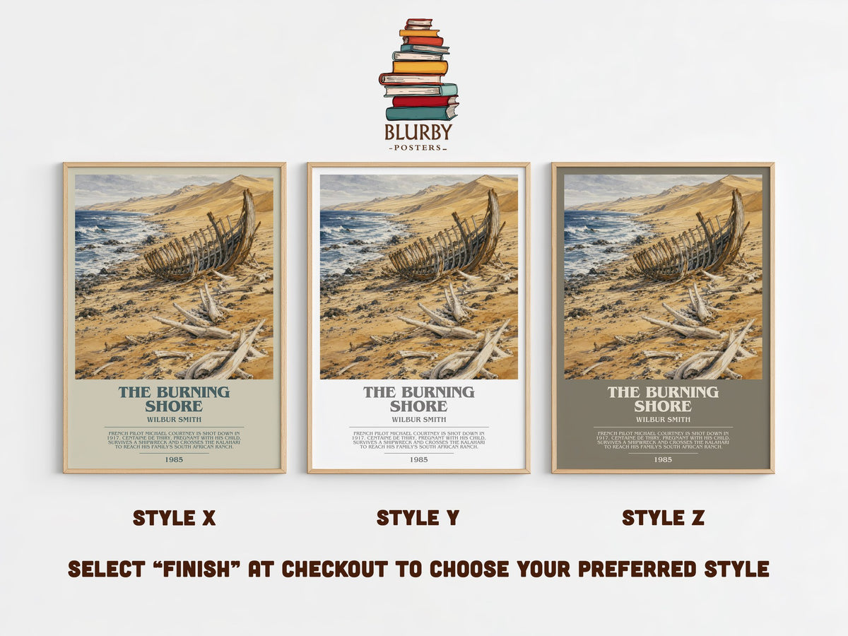 The Burning Shore bookish print in frame leaning in hallway – adventure wall art (mockup)