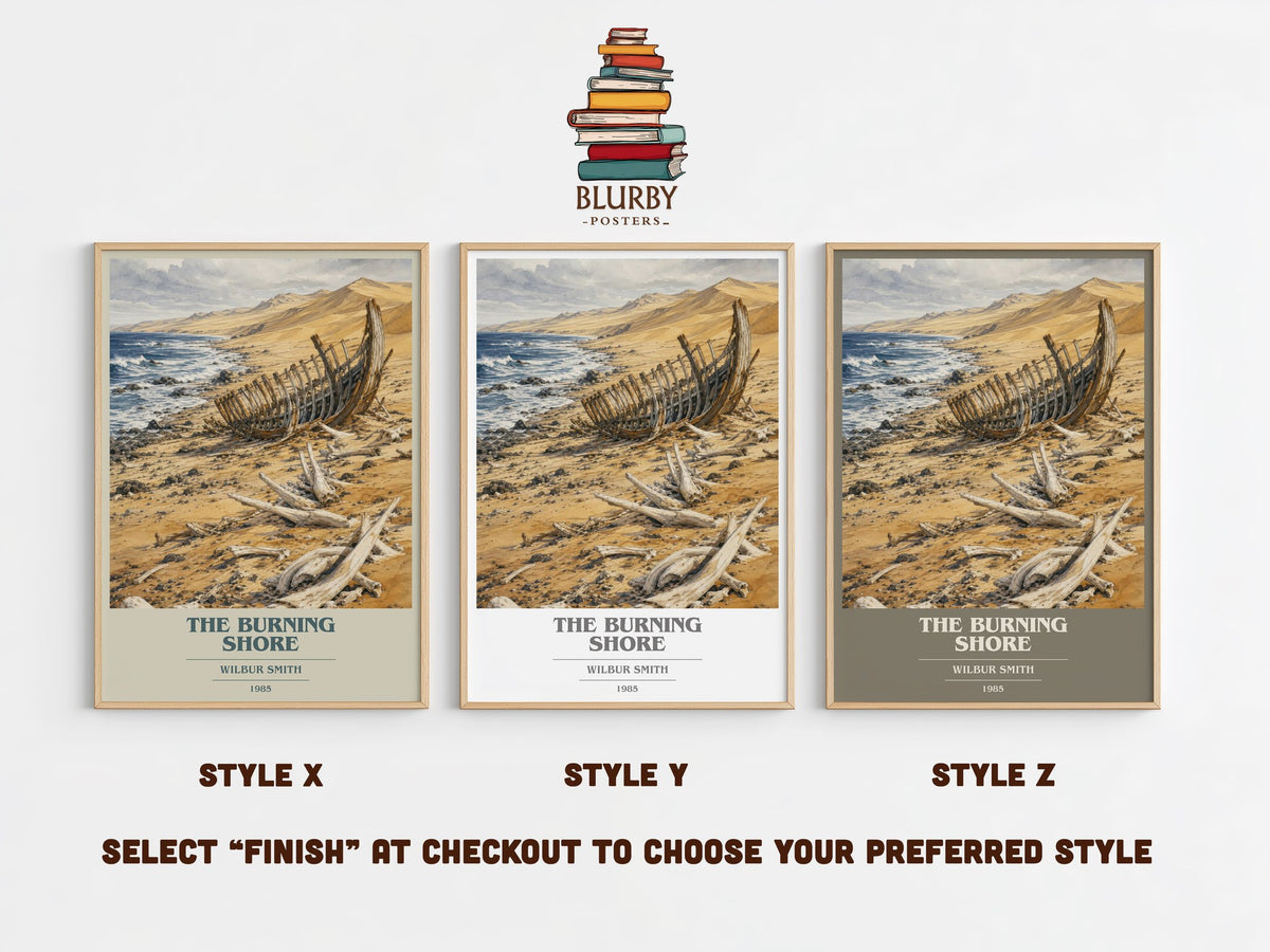 The Burning Shore book cover print in frame leaning in hallway – adventure wall art (mockup)