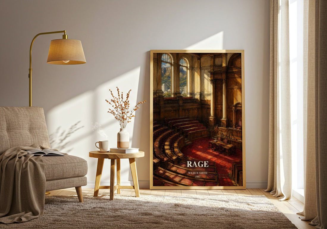 Rage watercolour print in frame leaning in hallway – historical fiction wall art (mockup)
