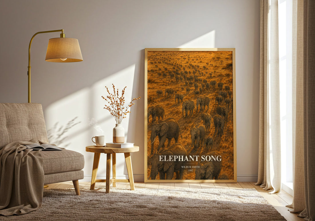 Elephant Song watercolour print in frame leaning in hallway – adventure wall art (mockup)