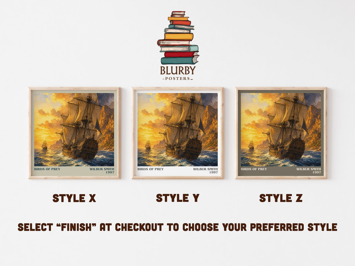 Birds of Prey literary print in frame leaning in hallway – adventure wall art (mockup)