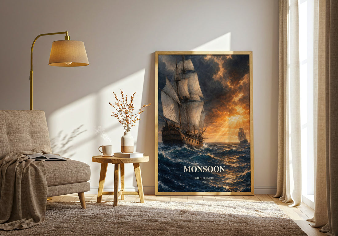 Monsoon watercolour print in frame leaning in hallway – adventure wall art (mockup)