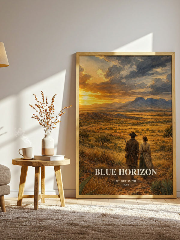 Blue Horizon watercolour print in frame leaning in hallway – historical fiction wall art