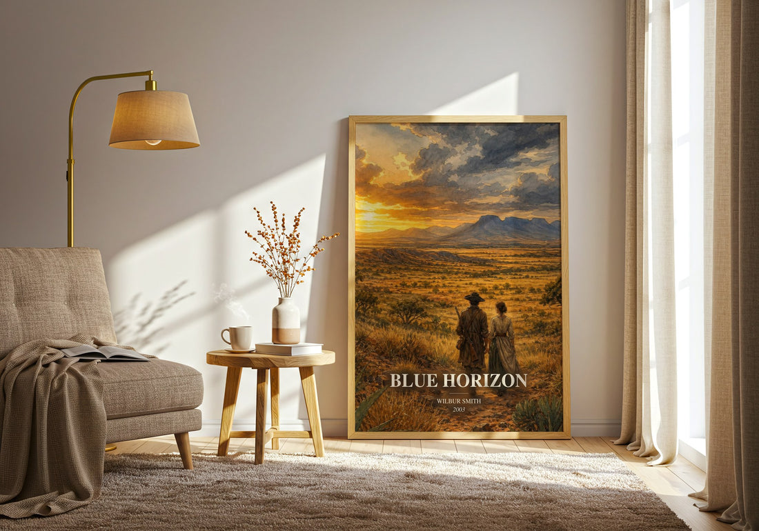 Blue Horizon watercolour print in frame leaning in hallway – historical fiction wall art (mockup)