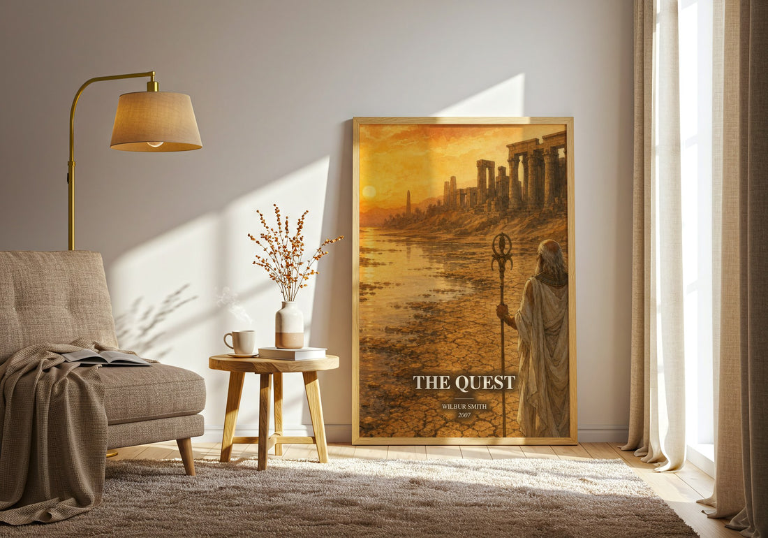 The Quest watercolour print in frame leaning in hallway – adventure wall art (mockup)