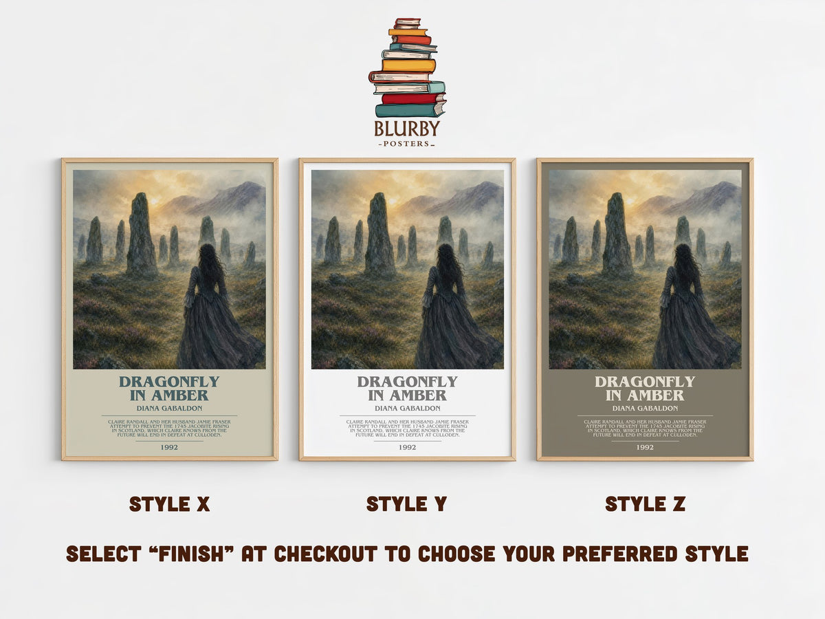 Dragonfly in Amber bookish print in frame leaning in hallway – historical fiction wall art (mockup)