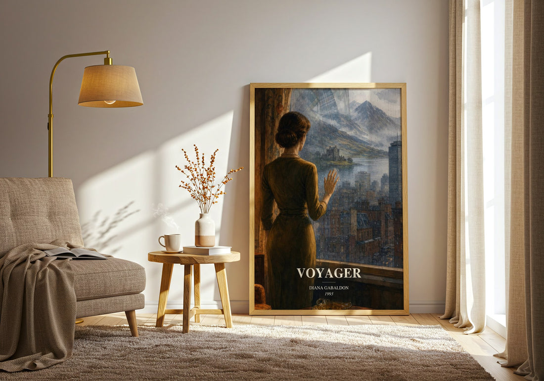 Voyager watercolour print in frame leaning in hallway – historical fiction wall art (mockup)