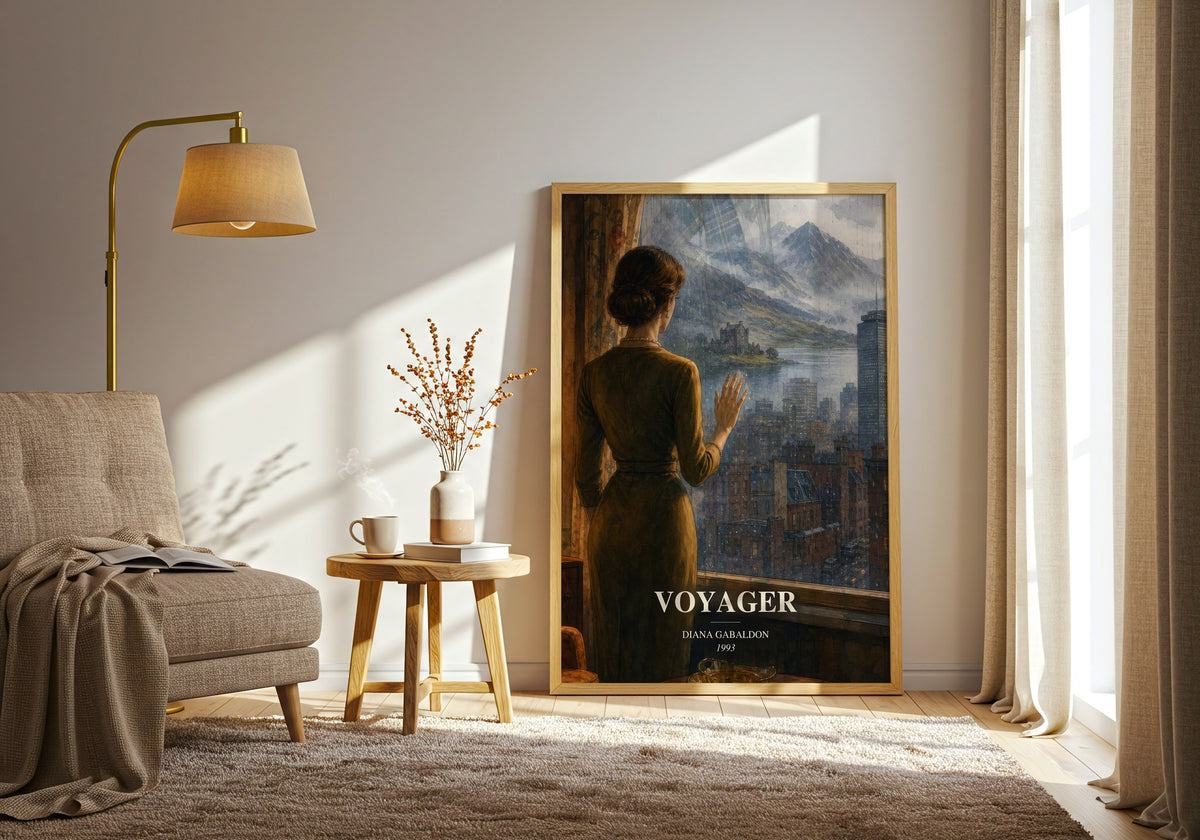 Voyager watercolour print in frame leaning in hallway – historical fiction wall art (mockup)