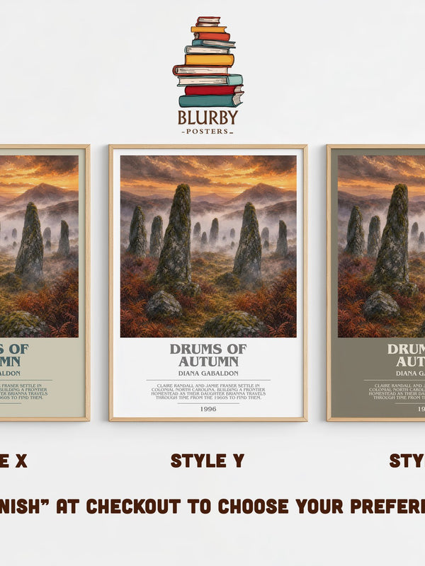 Drums of Autumn bookish print in frame leaning in hallway – historical fiction wall art