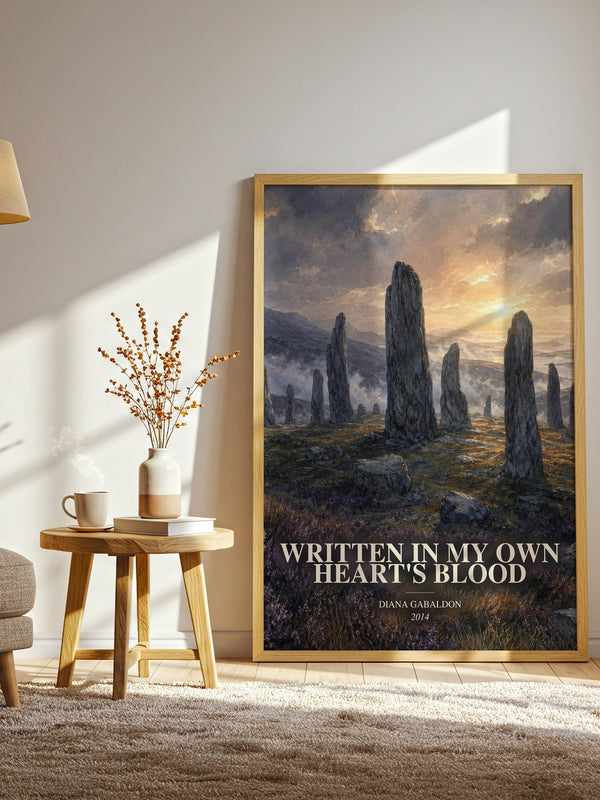 Written in My Own Heart's Blood watercolour print in frame leaning in hallway – historical fiction wall art