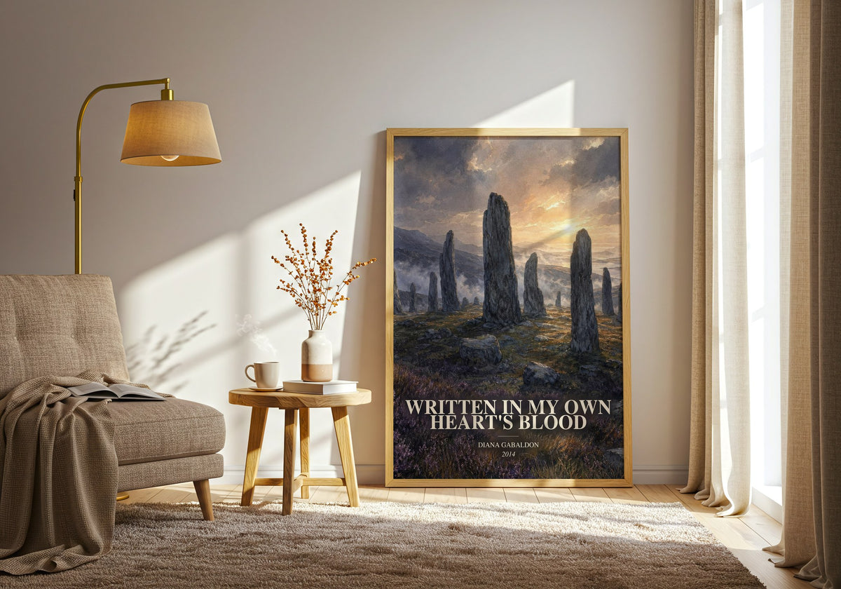 Written in My Own Heart's Blood watercolour print in frame leaning in hallway – historical fiction wall art (mockup)