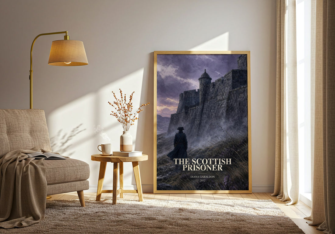 The Scottish Prisoner watercolour print in frame leaning in hallway – historical fiction wall art (mockup)