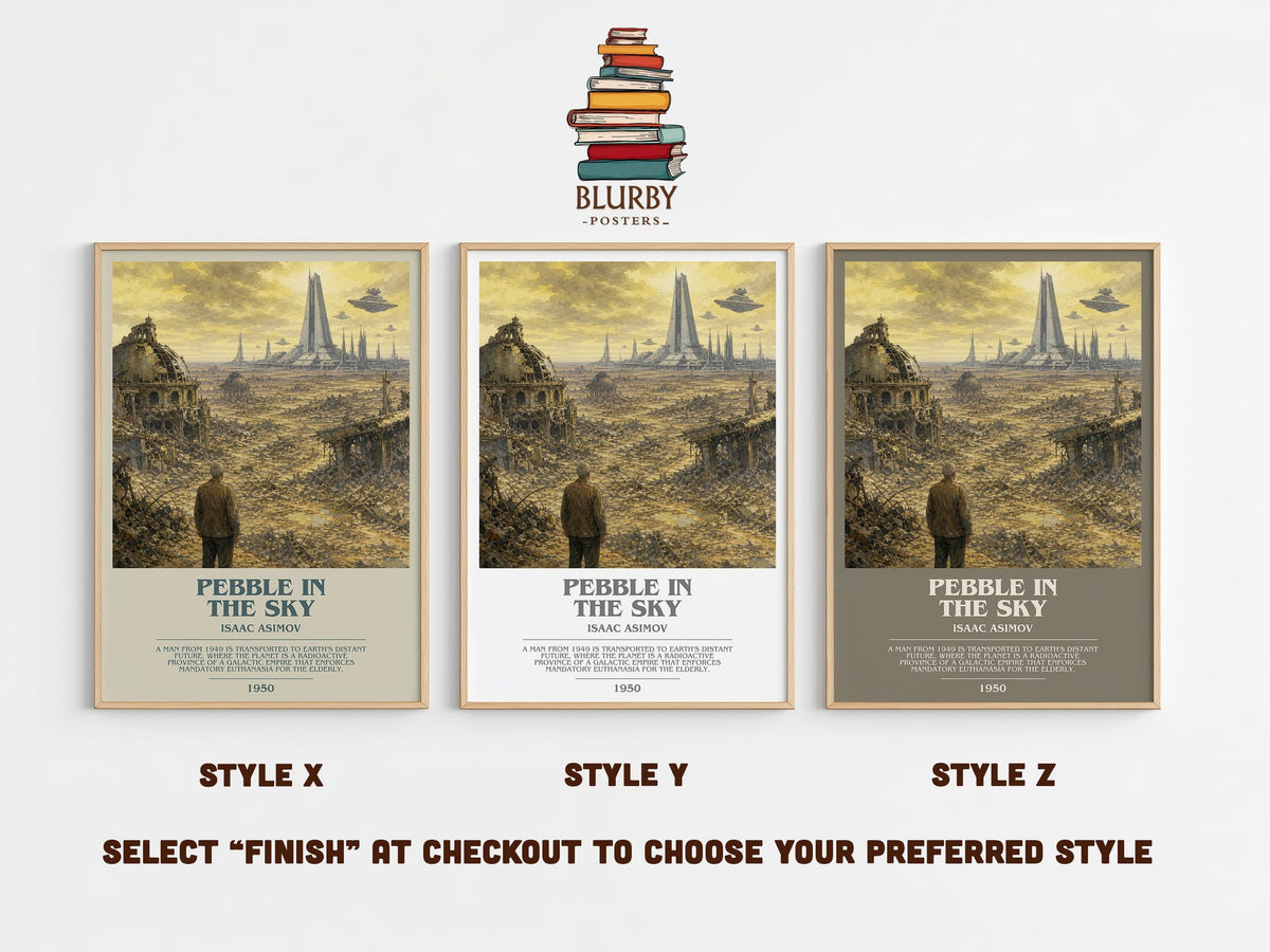 Pebble in the Sky bookish print in frame leaning in hallway – sci fi wall art (mockup)