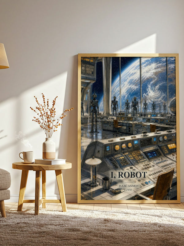 I, Robot watercolour print in frame leaning in hallway – sci fi wall art
