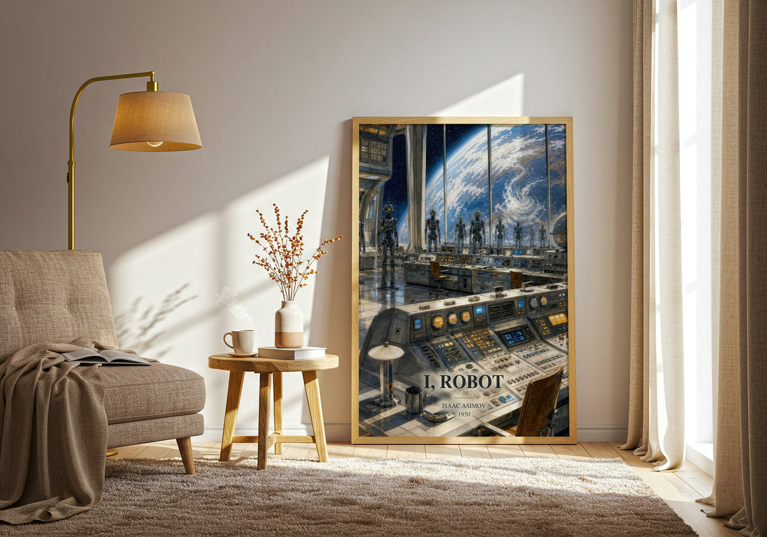 I, Robot watercolour print in frame leaning in hallway – sci fi wall art (mockup)