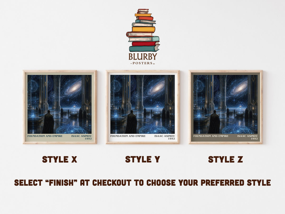 Foundation and Empire literary print in frame leaning in hallway – sci fi wall art (mockup)