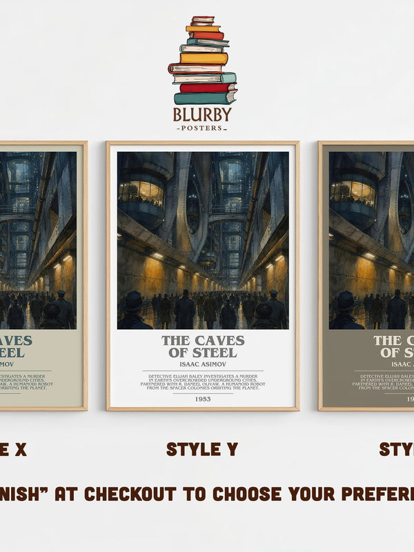 The Caves of Steel bookish print in frame leaning in hallway – sci fi wall art