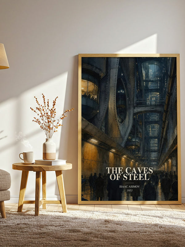 The Caves of Steel watercolour print in frame leaning in hallway – sci fi wall art