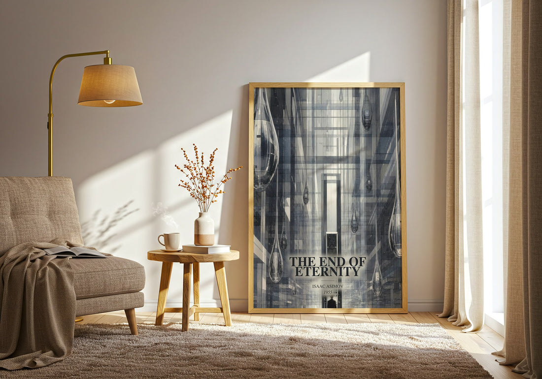 The End of Eternity watercolour print in frame leaning in hallway – sci fi wall art (mockup)
