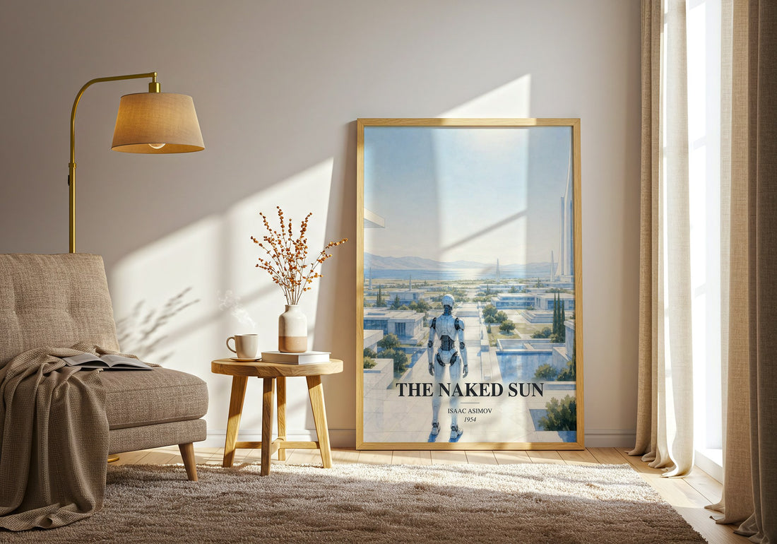 The Naked Sun watercolour print in frame leaning in hallway – sci fi wall art (mockup)