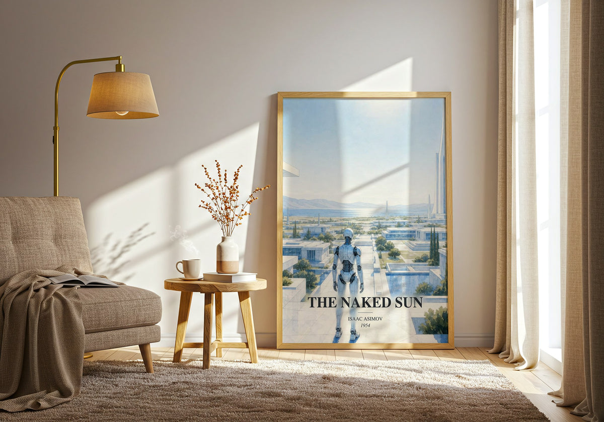 The Naked Sun watercolour print in frame leaning in hallway – sci fi wall art (mockup)