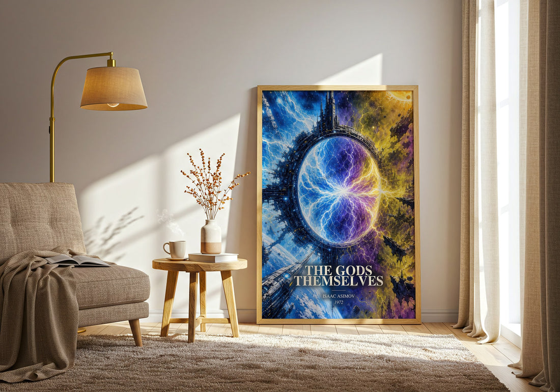 The Gods Themselves watercolour print in frame leaning in hallway – sci fi wall art (mockup)