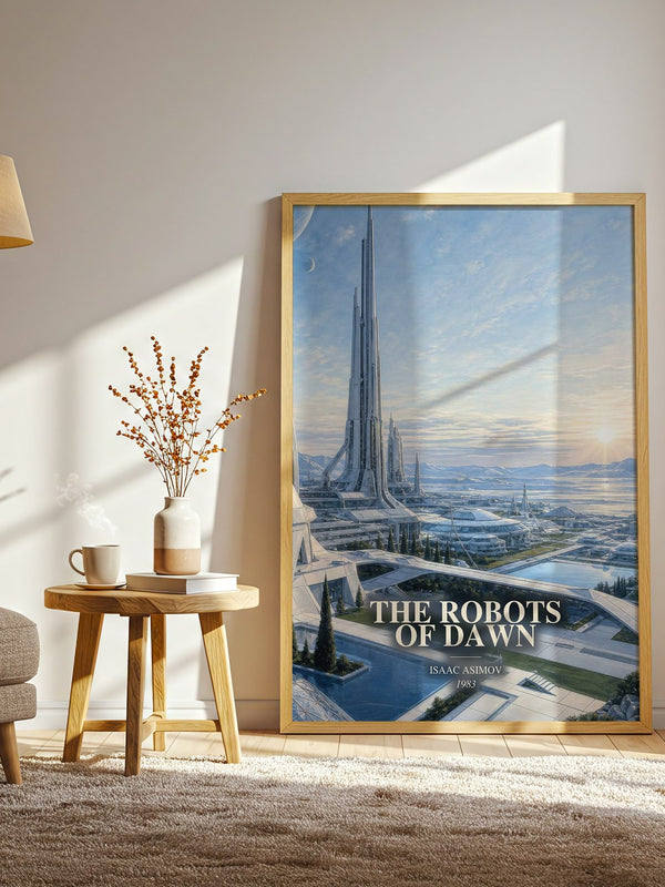The Robots of Dawn watercolour print in frame leaning in hallway – sci fi wall art