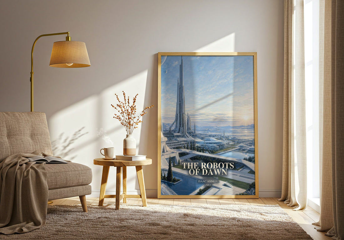 The Robots of Dawn watercolour print in frame leaning in hallway – sci fi wall art (mockup)