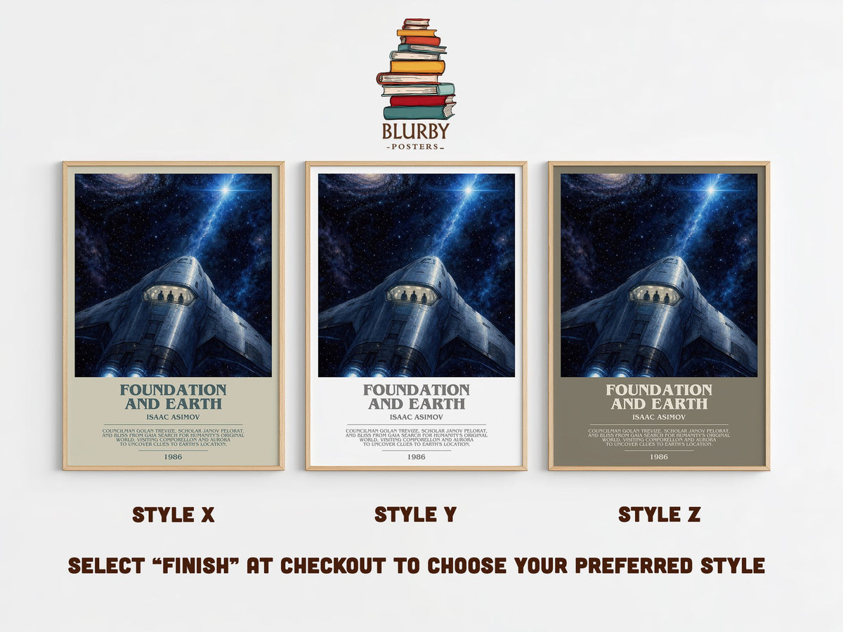 Foundation and Earth bookish print in frame leaning in hallway – sci fi wall art (mockup)