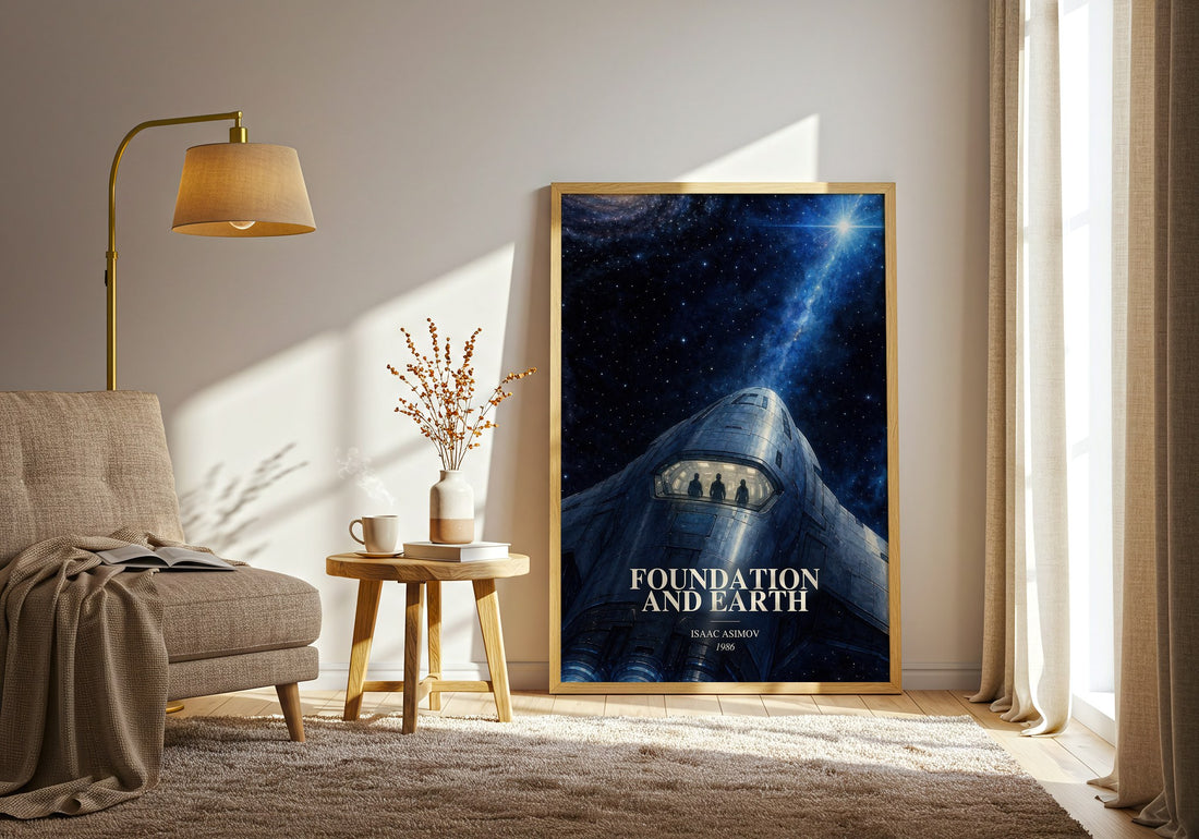Foundation and Earth watercolour print in frame leaning in hallway – sci fi wall art (mockup)