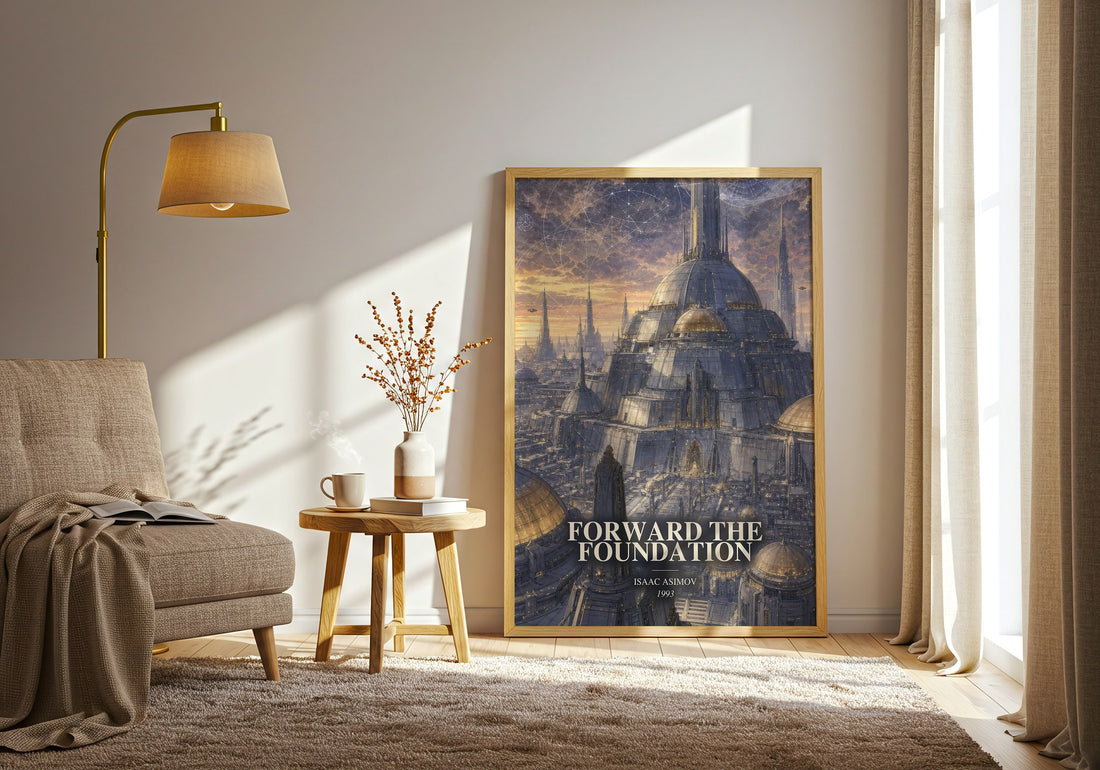 Forward the Foundation watercolour print in frame leaning in hallway – sci fi wall art (mockup)