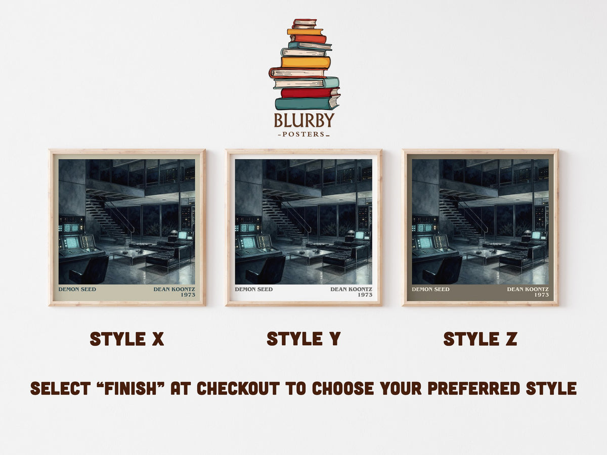 Demon Seed literary print in frame leaning in hallway – sci fi wall art (mockup)