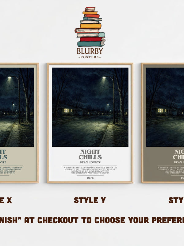 Night Chills bookish print in frame leaning in hallway – thriller wall art