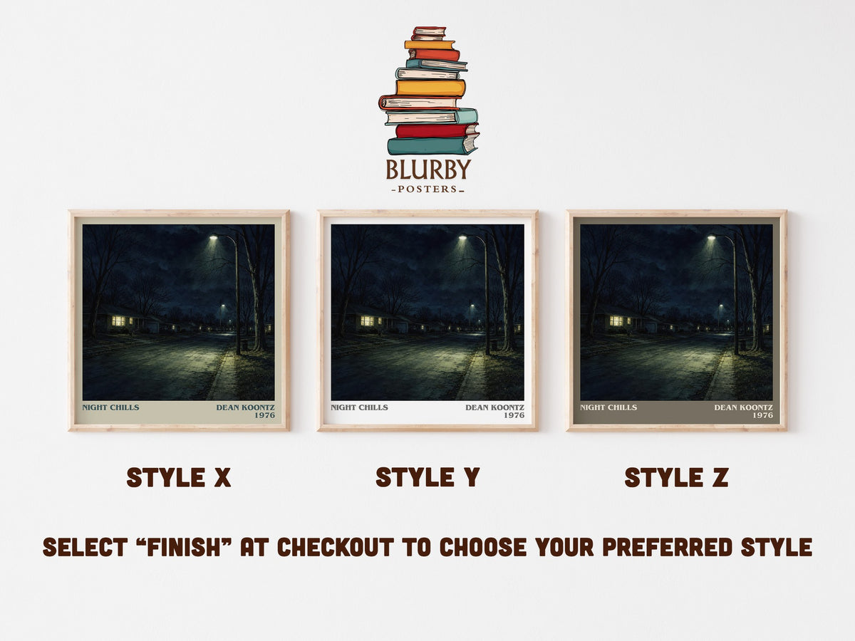 Night Chills literary print in frame leaning in hallway – thriller wall art (mockup)