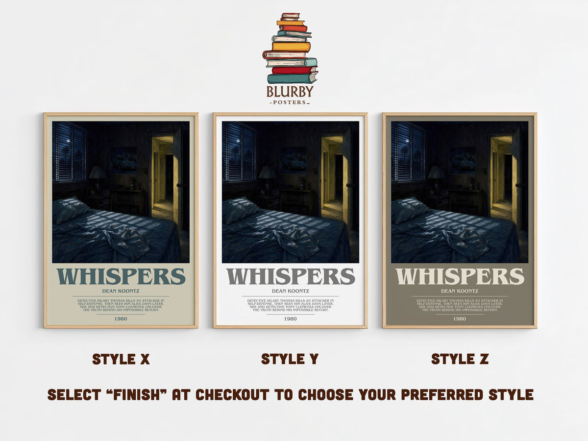 Whispers bookish print in frame leaning in hallway – horror wall art (mockup)