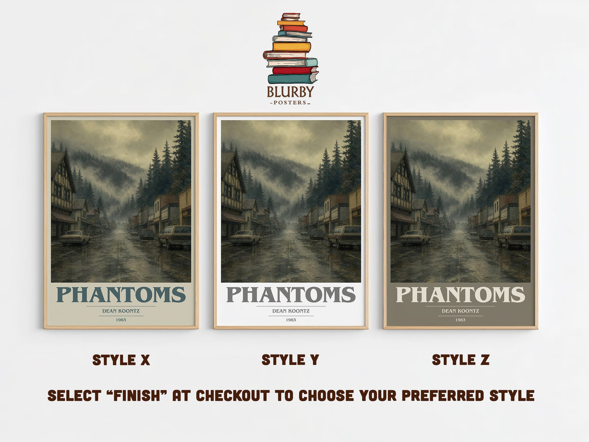 Phantoms book cover print in frame leaning in hallway – horror wall art (mockup)