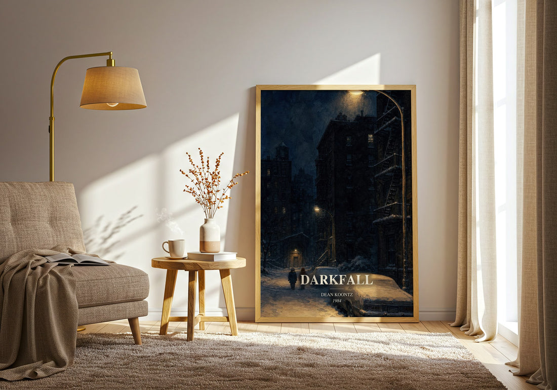 Darkfall watercolour print in frame leaning in hallway – horror wall art (mockup)
