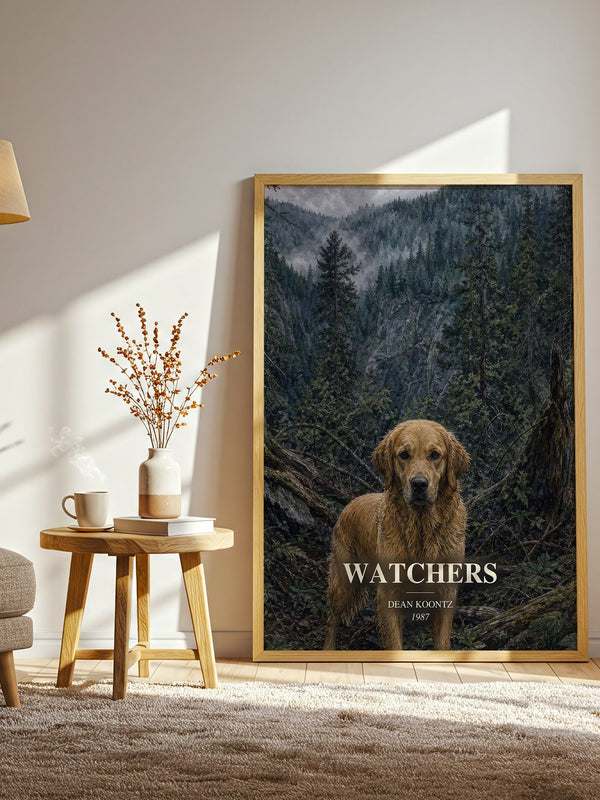 Watchers watercolour print in frame leaning in hallway – thriller wall art