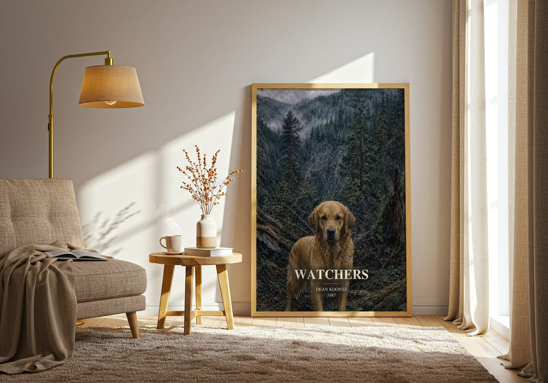 Watchers watercolour print in frame leaning in hallway – thriller wall art (mockup)