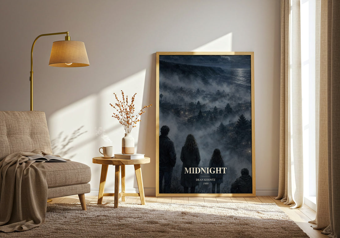 Midnight watercolour print in frame leaning in hallway – thriller wall art (mockup)