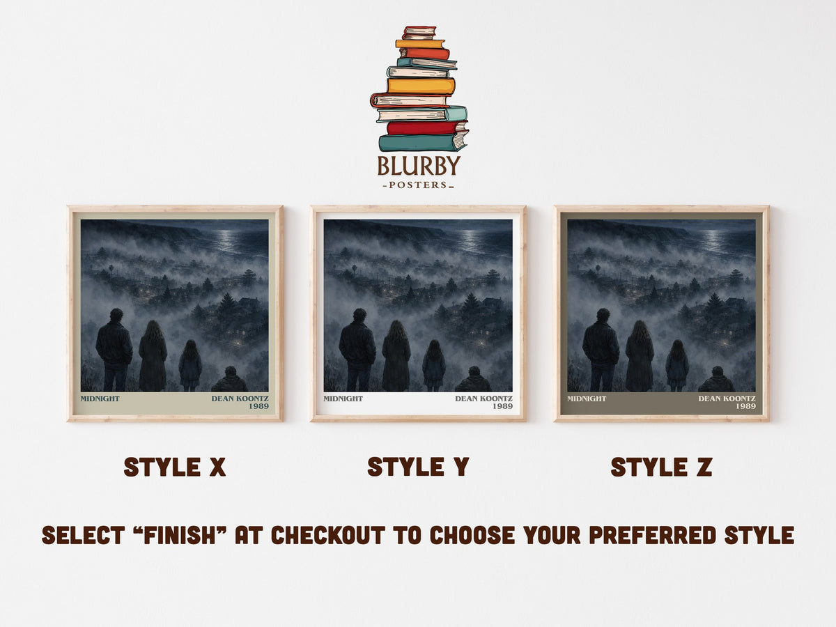 Midnight literary print in frame leaning in hallway – thriller wall art (mockup)