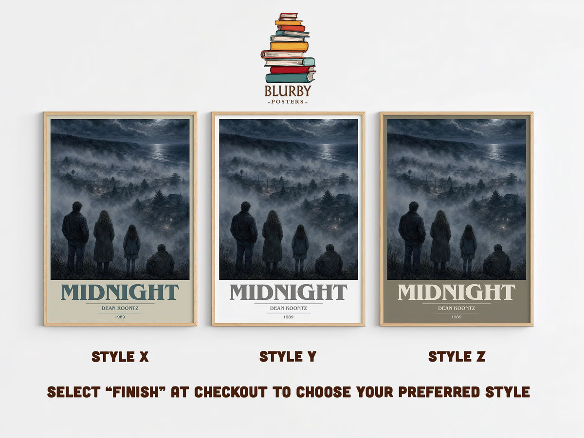 Midnight book cover print in frame leaning in hallway – thriller wall art (mockup)