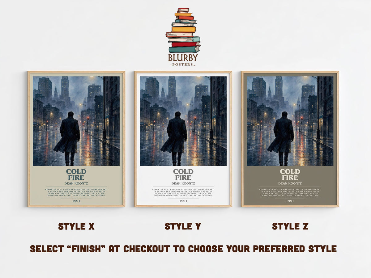 Cold Fire bookish print in frame leaning in hallway – thriller wall art (mockup)